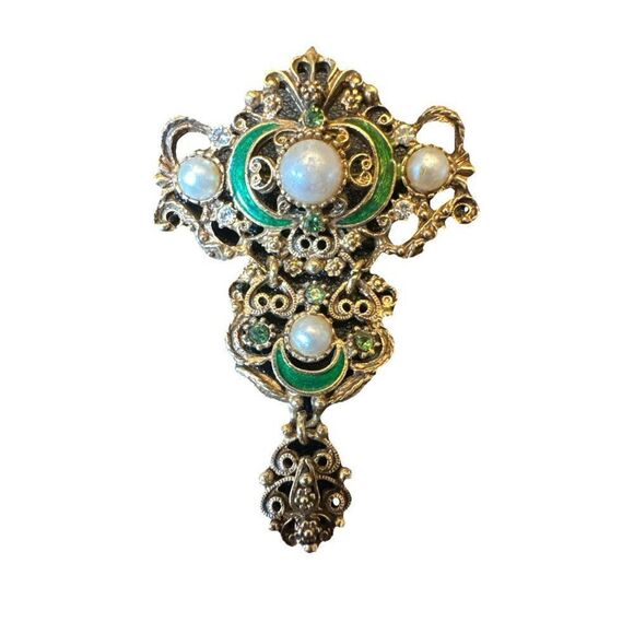 VINTAGE FLORENZA VICTORIAN Style Brooch Goldtone Pearl Enamel Rhinestone - Picture 2 of 3